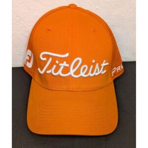 Titleist Golf Hat Orange Tour Issue Pro V1 FJ Foot Joy Fitted S/M Flex Fit Mesh